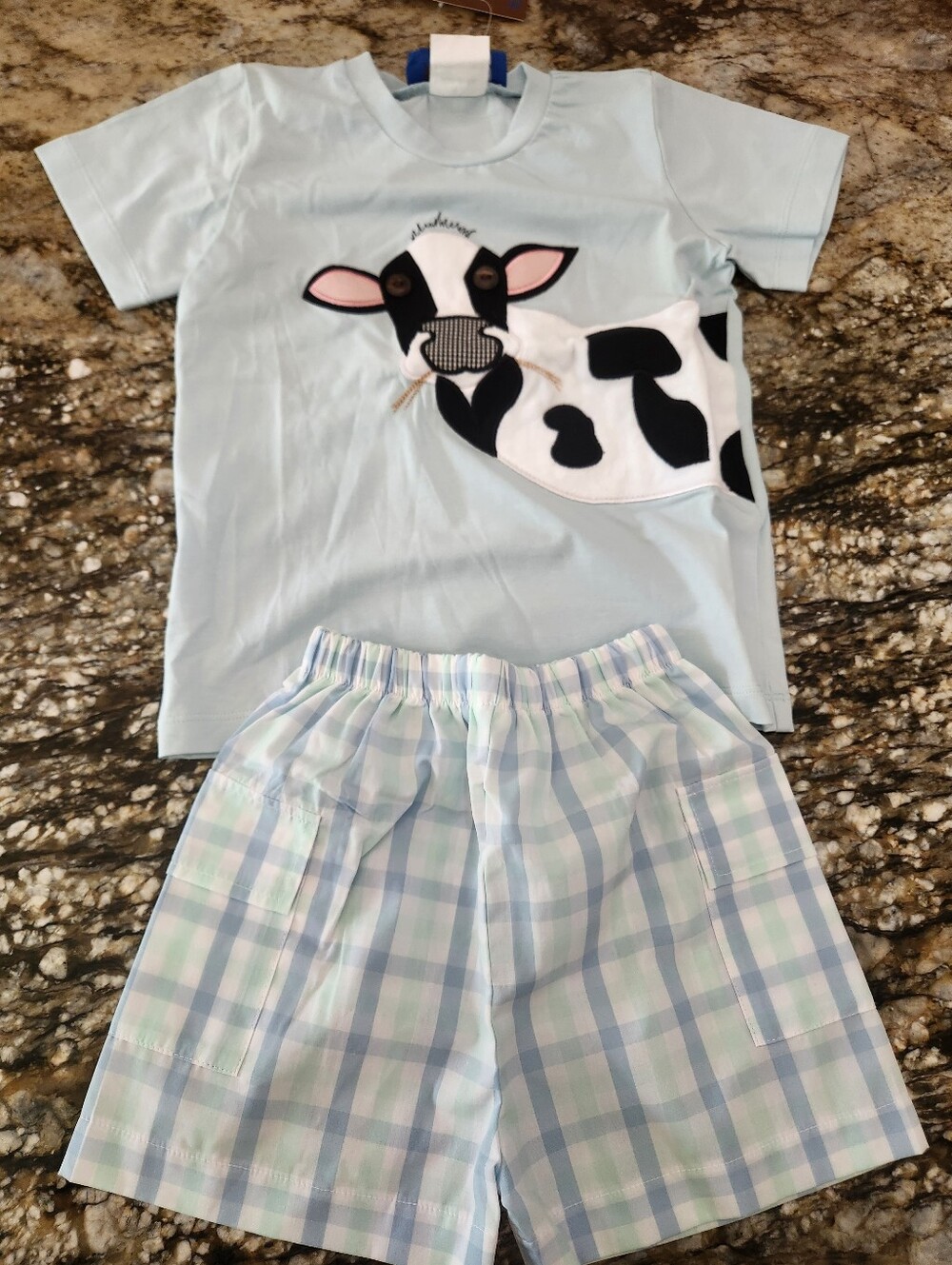 Light Blue Cow Appliqué Kids Set with Plaid Shorts